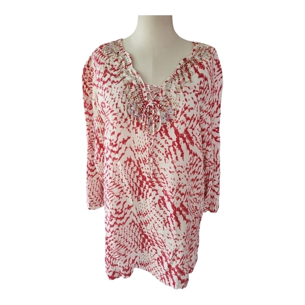 Princess Cruises Red & White Viscose Tunic Top | Boho Resort Wear | Size XL